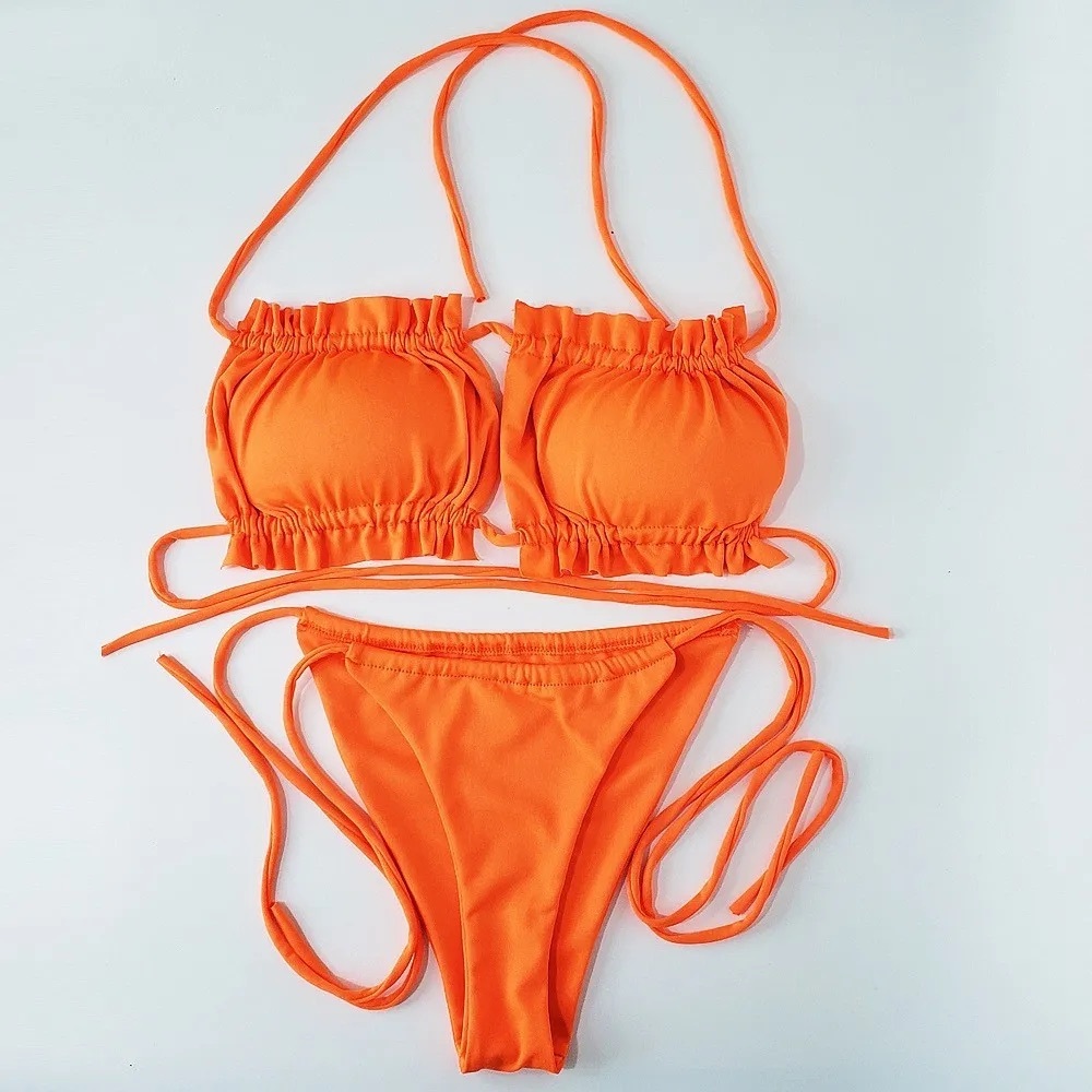Orange Ruched Halter Neck Creased Cut Out Lace-Up Bikini Swimsuit sz MD
